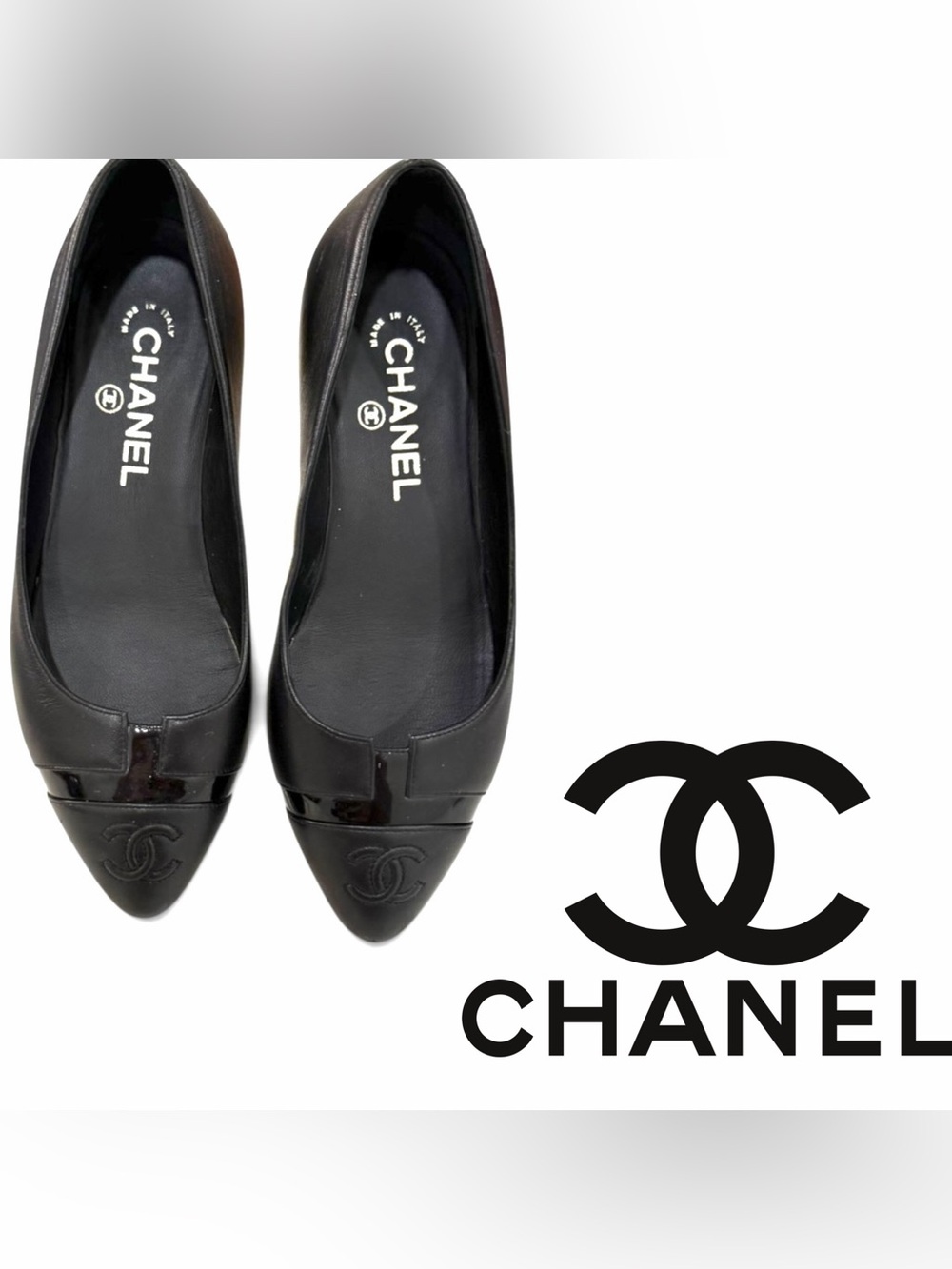 Chanel Black Leather CC Logo Pointed-Toe Ballet Flats – Size 36.5